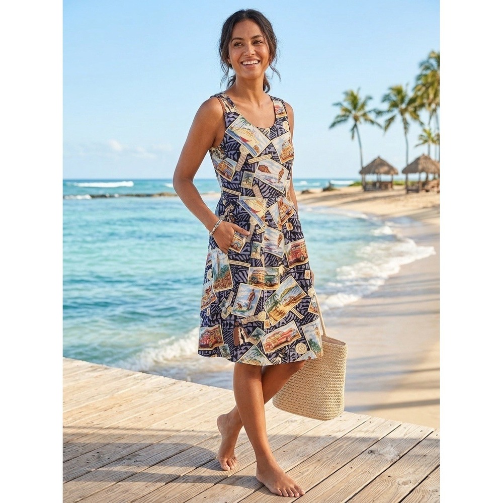VTG 90s Joe Kealoha's Reyn Spooner Dress S Hawaiian Postcard Woodie Car Resort